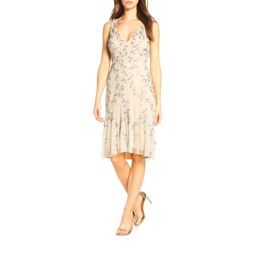 NEW! ADRIANNA PAPELL Sleeveless Knee Length Dress Sequins Beads Nude Pink SZ 12